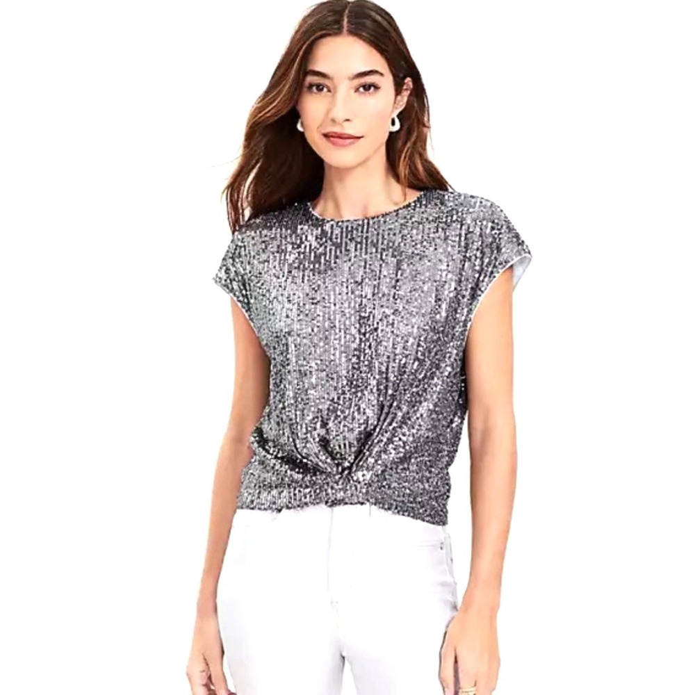 NEW! Ann Taylor Loft Metallic Silver Sequin Top Blouse Short Sleeve SZ S - Picture 1 of 5